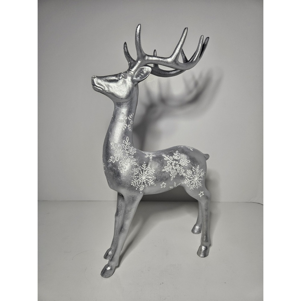 Silver Reindeer Figurine Christmas Decor Standing Stag Snowflake Statue Holiday